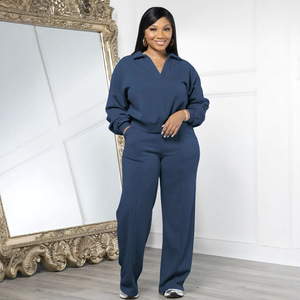 Özel Logo kadın düz renk rahat Streetwear güz Athleisure salonu uzun kollu v-çentik kazak Joggers kazak seti - Product Image 3