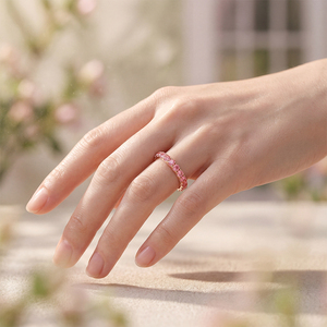 Anillo de Moda con Piedra Rosa, Oro Sólido de 10K, Diamante Rosa de 2.3mm Cultivado en Laboratorio, Anillo de Eternidad Completo, Alianza de Boda para Mujer - Product Image 5