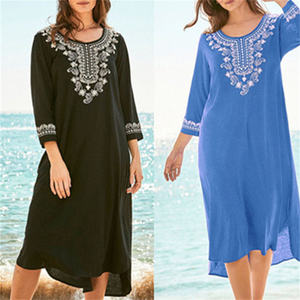 Nuovo stile alla moda <span class=keywords><strong>elegante</strong></span> e ricamato lungo <span class=keywords><strong>caftano</strong></span> taglie forti blu abito Midi abiti estivi donna Street Wear Casual Maxi abito - Product Image 5