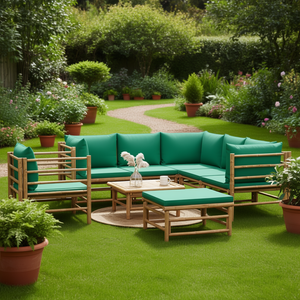 Set Lounge da Giardino Modulare in Bambù 6 Posti con Cuscini Verdi per Esterni - Product Image 2