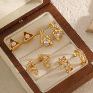 ต่างหูสแตนเลสทรงเรขาคณิตประดับด้วยไรน์สโตนและไข่มุกสำหรับผู้หญิงสวมใส่ทุกวัน - Product Image 1