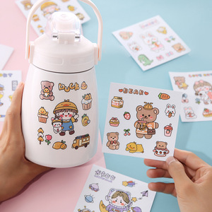 Cute Cartoon Waterproof Thermos Student Water Cup Transparent PVC UV Varnishing Creative Design Promotional Use Stickers JINGDEE