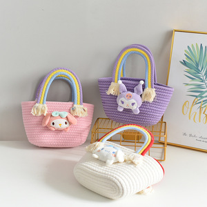 Sweet Girl Bag <b>Rainbow</b> Cloud Children's Woven Bag Large Capacity Straw <b>Handbag</b> New Casual Cotton Thread Bag - Product Image 2