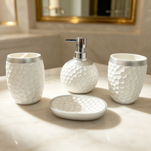 Ensemble d'accessoires de salle de bain blancs en relief nid d'abeille <span class=keywords><strong>3D</strong></span> : distributeur de <span class=keywords><strong>savon</strong></span>, gobelet, <span class=keywords><strong>porte</strong></span>-brosse à dents, <span class=keywords><strong>porte</strong></span>-<span class=keywords><strong>savon</strong></span> pour comptoir de salle de bain - Product Image 6