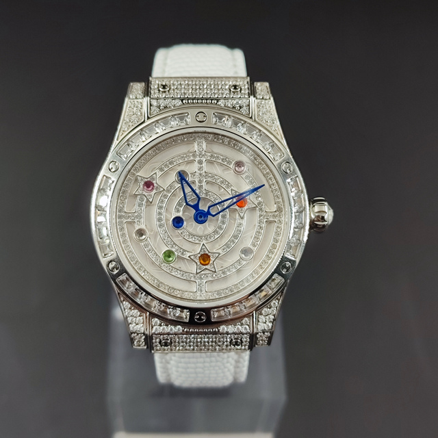 Fashion Hot Selling Women's Quartz Watch Colored Diamond Dial Sapphire Crystal 18mm Leather Strap Stainless Steel Case MIYOTA