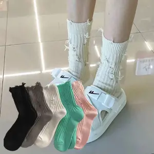 WS2018 Personality Candy Color Ripped Fashion Hosiery Beggars Socks Hole Pile Crew Socks Cotton