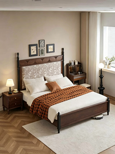 Traditional Upholstered Wooden <b>Bed</b> Frame <b>Queen</b> <b>Size</b> Mahogany Fabric Soft <b>Bed</b> with Panel Headboard - Product Image 1