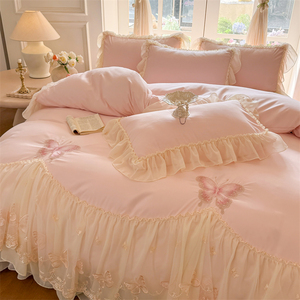 Parure <span class=keywords><strong>de</strong></span> lit brodée papillon à bordure dentelle en tissu lavé, style princesse coréenne, drap-housse à volants, couvre-lit à volants, housse <span class=keywords><strong>de</strong></span> couette à volants - Product Image 3