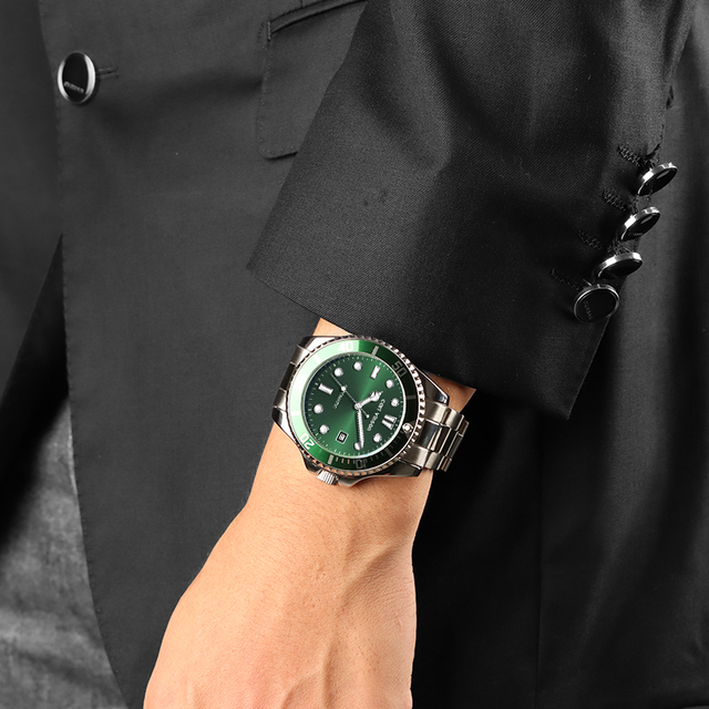 Fashionable Rotating Bezel Glass Dial Analog Waterproof Calendar Date Automatic Movement Stainless Steel Mechanical Sport Watch