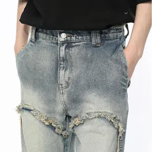 Gdtex Odm Oem Streetwear Baggy Distressed Jeans Heren Rauwe Rand Vintage Wash Jeans Oversized Baggy Flare Jeans Broek Mannen Y 2K Straight