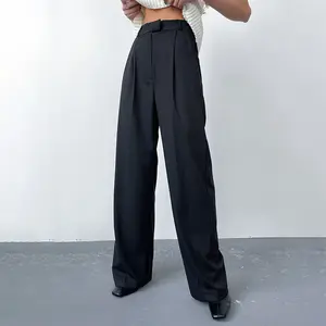 Fashion Black Long 2024 Lady Office Pants High Pleated Palazzo Trousers With Pocket