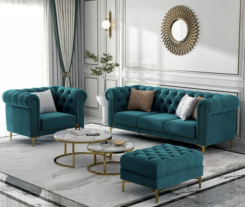 Set Sofa Ruang Tamu Mewah Gaya Eropa Amerika Sofa Kain Beludru, 1 + 2 + 3 Set Sofa Kustom Furnitur Ruang Tamu