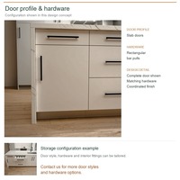 Meuble de cuisine minimaliste en PVC avec îlot, portes en panneaux gris tourterelle, boîtes en MDF, poignées bar et dimensions d'unités personnalisées