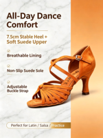 Chaussures de danse latine marron pour femmes, à lanières croisées, bout ouvert, talons hauts, semelle en daim souple, chaussures professionnelles pour salsa, tango et danse de salon