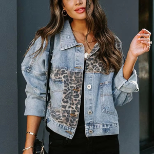 Women's Leopard Patch Denim Trucker Jacket With Turn <b>Down</b> Collar And Button Closure Autumn Style - Product Image 2