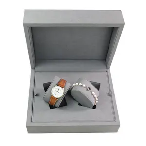 High Quality Custom Logo Gray Microfiber Velvet Cover Wooden Double Watch Packaging Gift Box 2 Pillow Case Factory Handmade