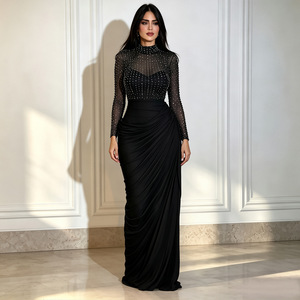 CX7793 Mock Neck Rhinestone Mesh <strong>Long</strong> <strong>Sleeve</strong> Evening Gown Draped Ruched <strong>Bodycon</strong> Maxi <strong>Dress</strong> Dubai Arabic Party Formal <strong>Dress</strong> - Product Image 5
