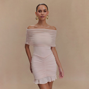 Vestido ajustado con hombros descubiertos, fruncido y volantes, cintura natural, vestido de cóctel - Product Image 4