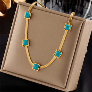 Geometric Turquoise Square Titanium Steel Snake Chain Necklace Gold Party Jewelry - Product Image 1