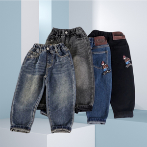 Pantalons en denim de coton pour enfants avec bordure à volants et décorations en nœuds, style jambe large pour filles et garçons, couleurs assorties - Product Image 2