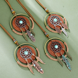 Bohemian Dreamcatcher Pendant Necklace With Turquoise Stone Feather Design Long <b>Chain</b> Women's Fashion Jewelry - Product Image 2