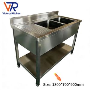Évier double en acier inoxydable épaissi VCT, cuve droite avec égouttoir gauche, 180*70*90mm, station de lavage industrielle - Product Image 4