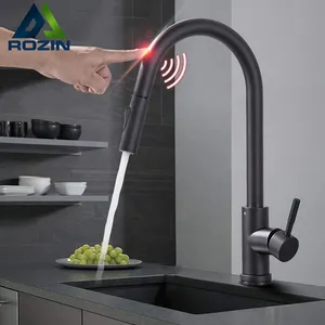 Rozin新到货自动传感器厨房水龙头拉出喷雾器黑色智能触摸厨房水槽搅拌机水龙头甲板安装