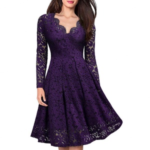 Vestido Elegante de Color Sólido con Cuello en V y Manga Larga, Estilo Casual con Falda Amplia, Nuevo Diseño en Oferta - Product Image 3