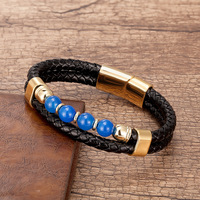 Bracelet pour homme en cuir véritable tressé à double couche avec fermoir en acier inoxydable de haute qualité, perles en pierre naturelle, logo personnalisé