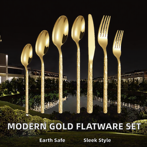 Juego de Cubiertos de Acero Inoxidable Martillado Dorado de Diseño Moderno y Ecológico, Cuchillo, Tenedor y Cuchara, 5 Piezas, Fácil de Limpiar, para Bodas - Product Image 2