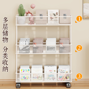 Movable Bookshelf Three Layer White Iron <b>Storage</b> <b>Rack</b> For Behind Door Wall Standing Type Neatening Organizer - Product Image 2