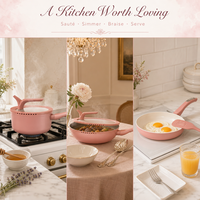 Batterie de cuisine minimaliste rose en aluminium moulé 2026 pour restaurants avec couvercles en silicone, casseroles à fond plat en céramique et granit