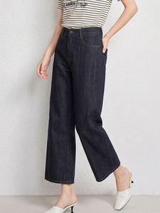 Jeans OEM da <span class=keywords><strong>Donna</strong></span> Versatili a Vita Alta e Gamba Larga con Tasche Blu Scuro e Cuciture <span class=keywords><strong>Arancioni</strong></span>, <span class=keywords><strong>Pantaloni</strong></span> Casual da <span class=keywords><strong>Donna</strong></span> a Gamba Dritta per Uso Quotidiano - Product Image 1