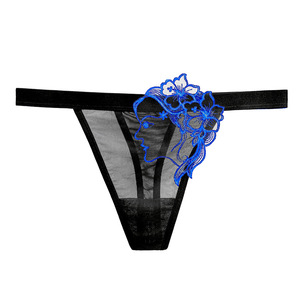 กางเกงในผู้หญิงแบบ Thong สีดำ เอวต่ำ ระบายอากาศได้ดี ผ้าตาข่าย แต่งลูกไม้สีฟ้าลายดอกไม้ สไตล์ยุโรปอเมริกัน - Product Image 5