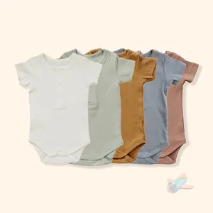 Bamboo Product Short Sleeves Solid Color Toddlers Bodysuit Bamboo Rib Knit Cotton Fabric Baby Ribbed Rompers