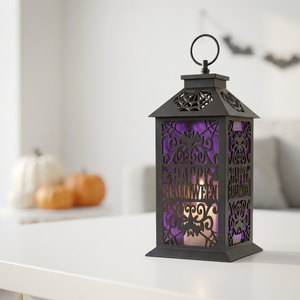 Decoración de Halloween 2026, Linterna de Cristal Morado y Metal Negro con Recorte de Feliz Halloween - Product Image 2