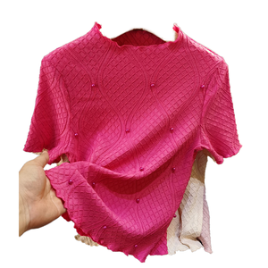 Women's Pink Solid Color O-Neck Short Sleeve Knitted T-Shirt With Beading Casual Top Regular Fit Spring Summer - Product Image 1