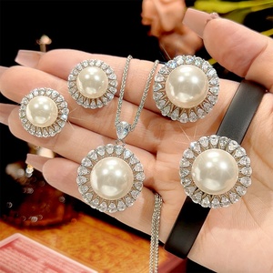 Fashion Eco-friendly Copper 16-12mm White Shell Pearl Leather Bracelet Pendant <b>Earrings</b> Ring Jewelry Set for Women - Product Image 3