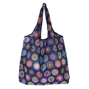 Bolso de mano plegable floral ecológico para supermercado, bolsas de compras reutilizables de poliéster medio con logotipos - Product Image 1