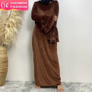 6201 # 冬の3層ルーズスリーブファッションエレガントな輝き暖かい冬のベルベットドレスイスラムドバイイスラム教徒アバヤドレス