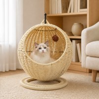 Panier pour chat blanc en rotin synthétique tressé, écologique, durable, respirant, facile à nettoyer, résistant à la moisissure, pour coin intérieur des animaux de compagnie