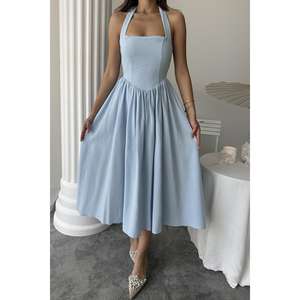 เดรสผ้าลินินสีน้ำเงินแบบผูกคอ ทรงเอ เอวธรรมชาติ ระบายอากาศได้ดี สวมใส่สบายๆ - Product Image 2