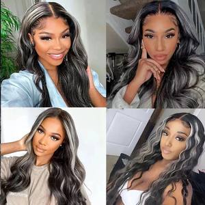 Perruque Lace Front en Cheveux Vierges Brésiliens Remy avec Dentelle Transparente Sans Colle pour Couleurs Gris et Noir Naturel, Texture Body Wave - Product Image 5