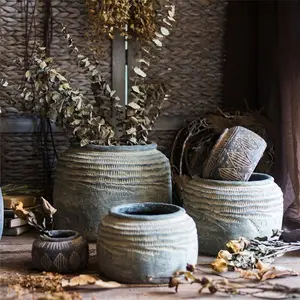 Oriental clássico grosso florero, argila cinza, pote redondo, jarra, rústica, vintage, vaso de flores para decoração