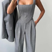 Ensemble de costume formel 3 pièces pour femme, style mode classique, avec haut court, pantalon longueur cheville, blazer élégant et pantalon large taille haute