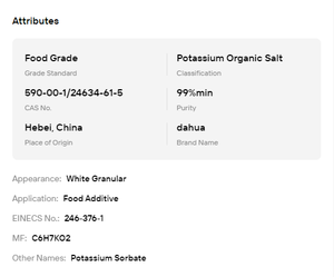 Sorbate de potassium en poudre granulaire à 99 % de pureté, qualité alimentaire, soluble dans l'eau, conservateur de sel organique - Product Image 6