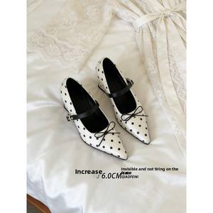 Zapatos de mujer Mary Jane con lazo de lunares y punta, de piel de oveja, versión 2026, nuevos, con aumento de altura, de cuña, de una sola capa, de satén de seda. - Product Image 4