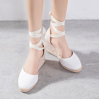 Espadrilles pour femmes, sandales compensées à talons hauts, chaussures d'été à talons épais, nouvelle collection 2025, semelle en chanvre français, doublure en peau de porc