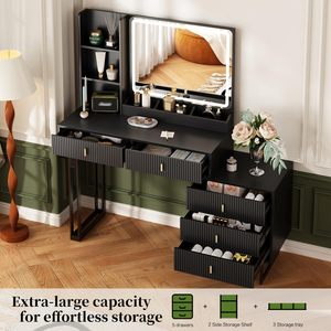 Coiffeuse noire moderne avec <span class=keywords><strong>miroir</strong></span> LED à commande tactile, 5 tiroirs et étagères de rangement, table de maquillage rétractable - Product Image 3