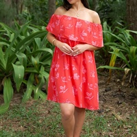 Robe d'été élégante à imprimé hawaïen, à volants, épaules dénudées, OEM personnalisée, en lin et coton, mini-robe à épaules tombantes